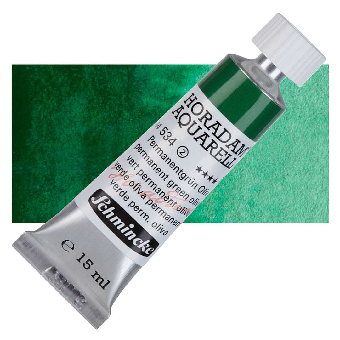 Open in modal - Schmincke Horadam Aquarell Watercolor - Permanent Green Olive, 15 ml tube and swatch