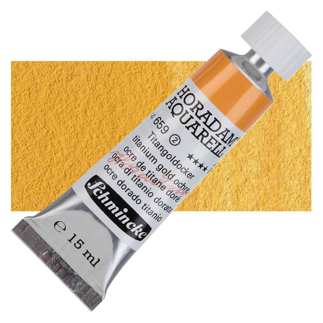 Open in modal - Schmincke Horadam Aquarell Watercolor - Titanium Gold Ochre, 15 ml tube and swatch