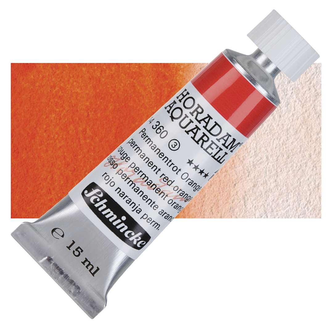 Open in modal - Schmincke Horadam Aquarell Watercolor - Permanent Red Orange, 15 ml tube and swatch