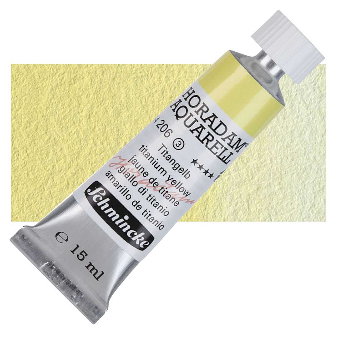 Open in modal - Schmincke Horadam Aquarell Watercolor - Titanium Yellow, 15 ml tube and swatch