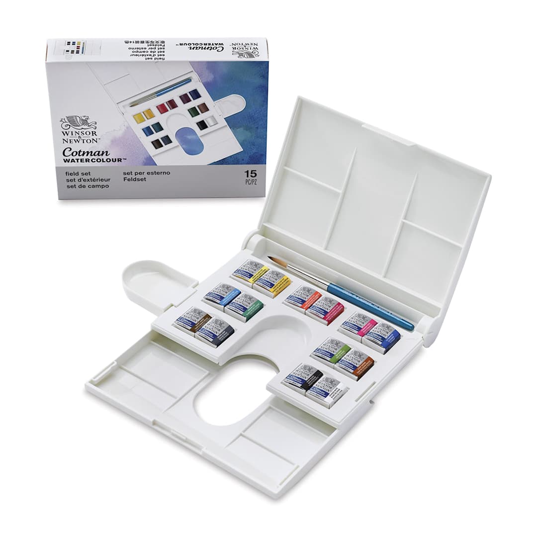 Open in modal - Winsor & Newton Cotman Watercolors - Compact Set, Assorted Colors, Set of 14, Half Pans (Open set shown with packaging)