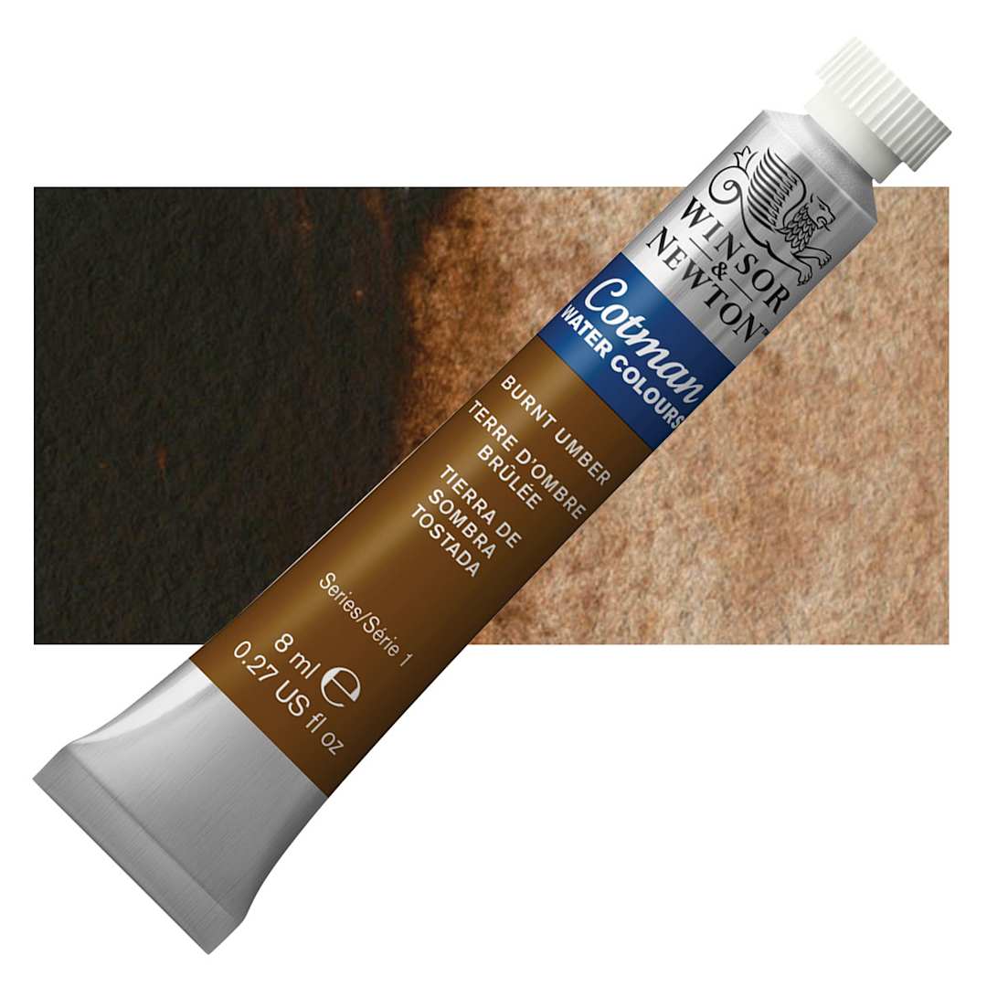 Open in modal - Winsor & Newton Cotman Watercolor - Burnt Umber, 8 ml tube and swatch