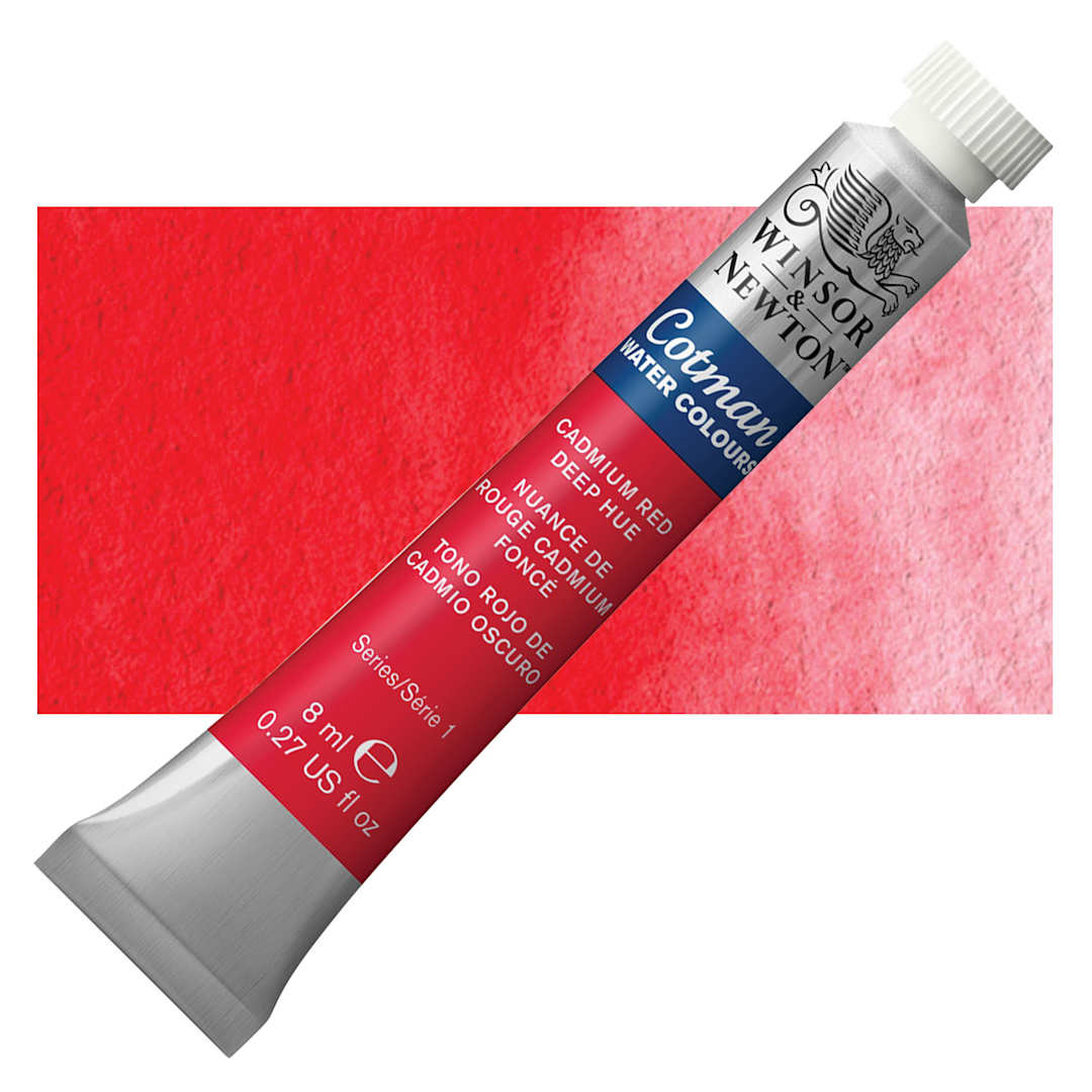 Open in modal - Winsor & Newton Cotman Watercolor - Cadmium Red Deep Hue, 8 ml tube and swatch