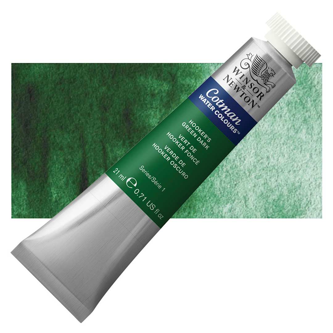 Open in modal - Winsor & Newton Cotman Watercolor - Hooker's Green Dark, 21 ml, Tube and swatch