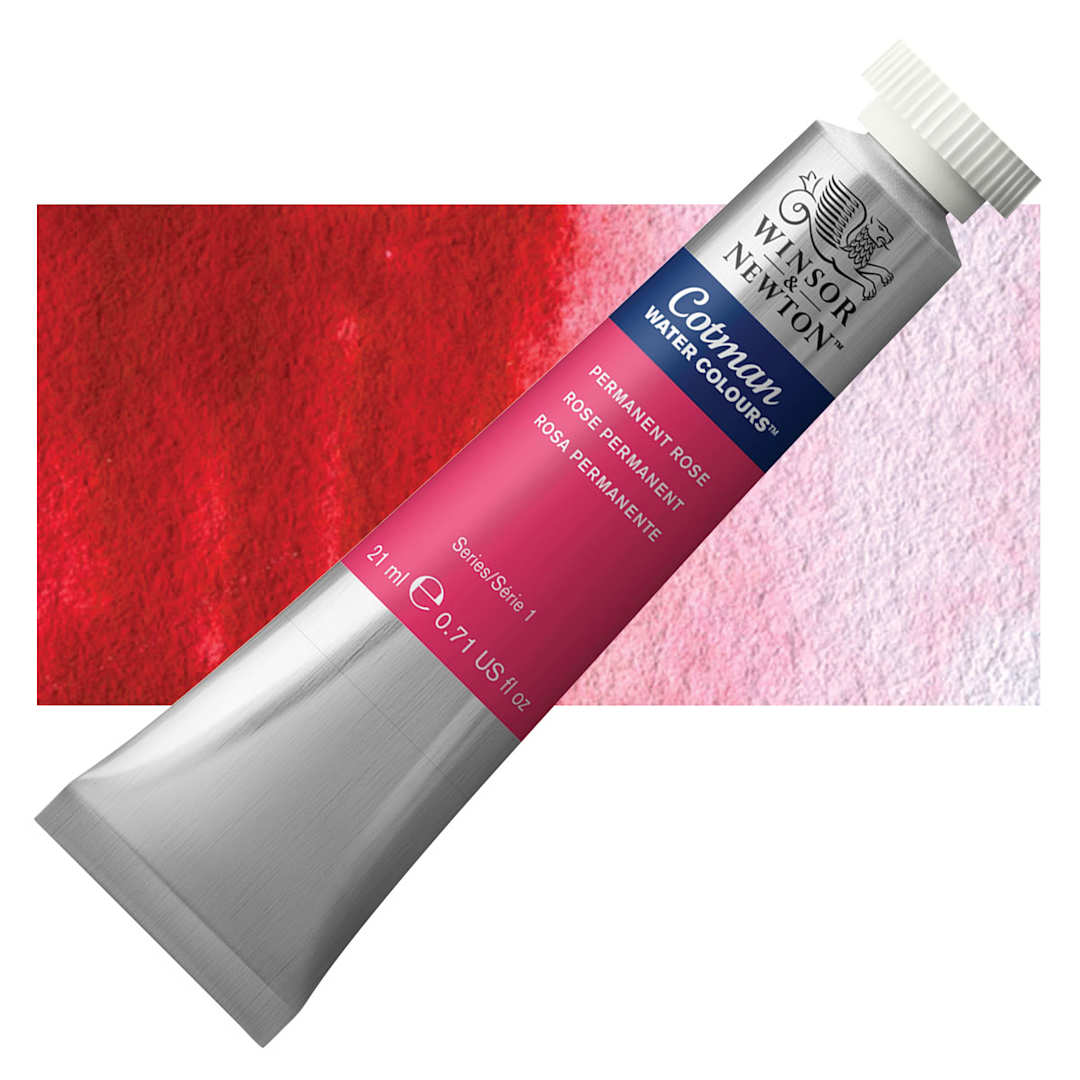 Open in modal - Winsor & Newton Cotman Watercolor - Permanent Rose, 21 ml tube and swatch
