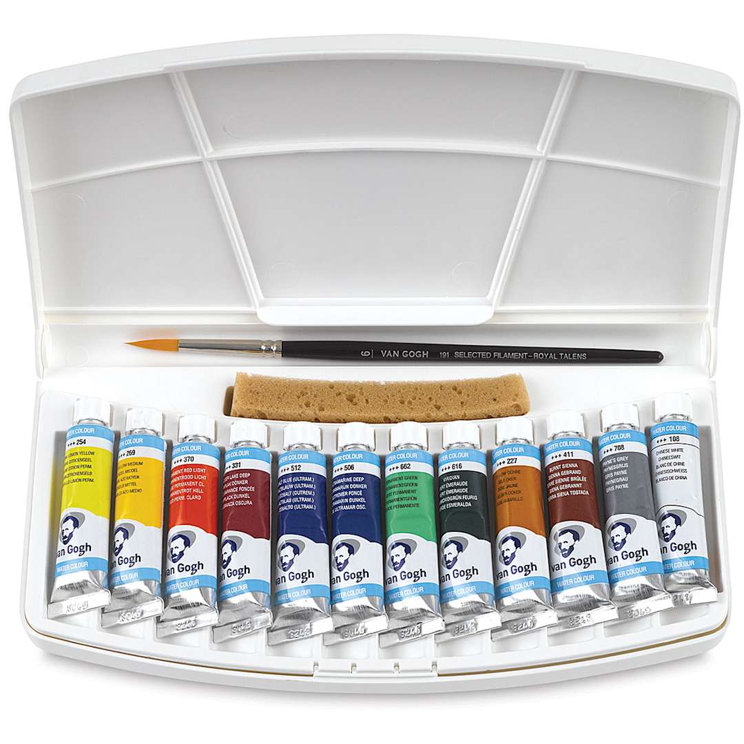 Open in modal - Van Gogh Watercolors Set- 12- Tube Set, inside package view with sponge, brush and palette lid
