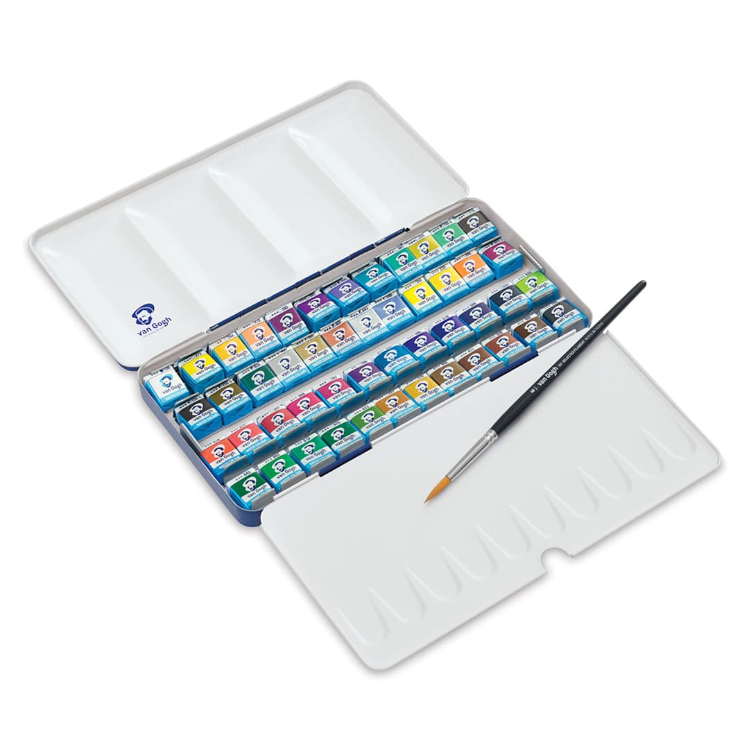 Open in modal - Van Gogh Watercolors Set - Metal Tin Set of 48 Pans, inside package view 