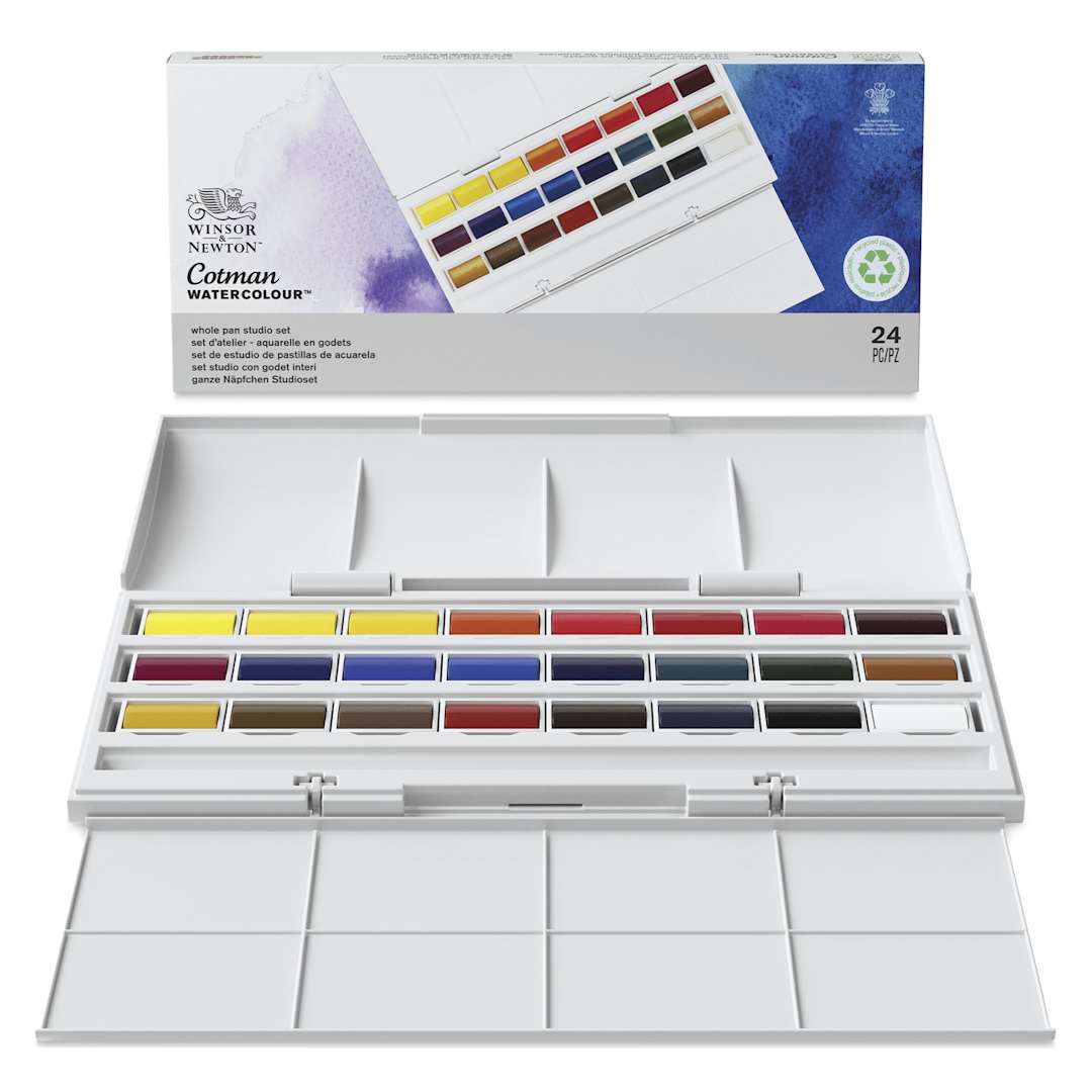 Open in modal - Winsor & Newton Cotman Watercolors- Studio Set of 24, Assorted Colors, Full Pans, open with packaging