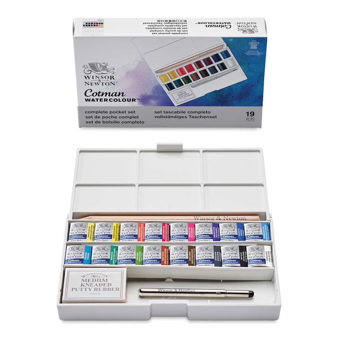Open in modal - Winsor & Newton Cotman Watercolor - Complete Pocket Set, Set of 16, Assorted Colors, Half Pans (Front of packaging shown with open set)