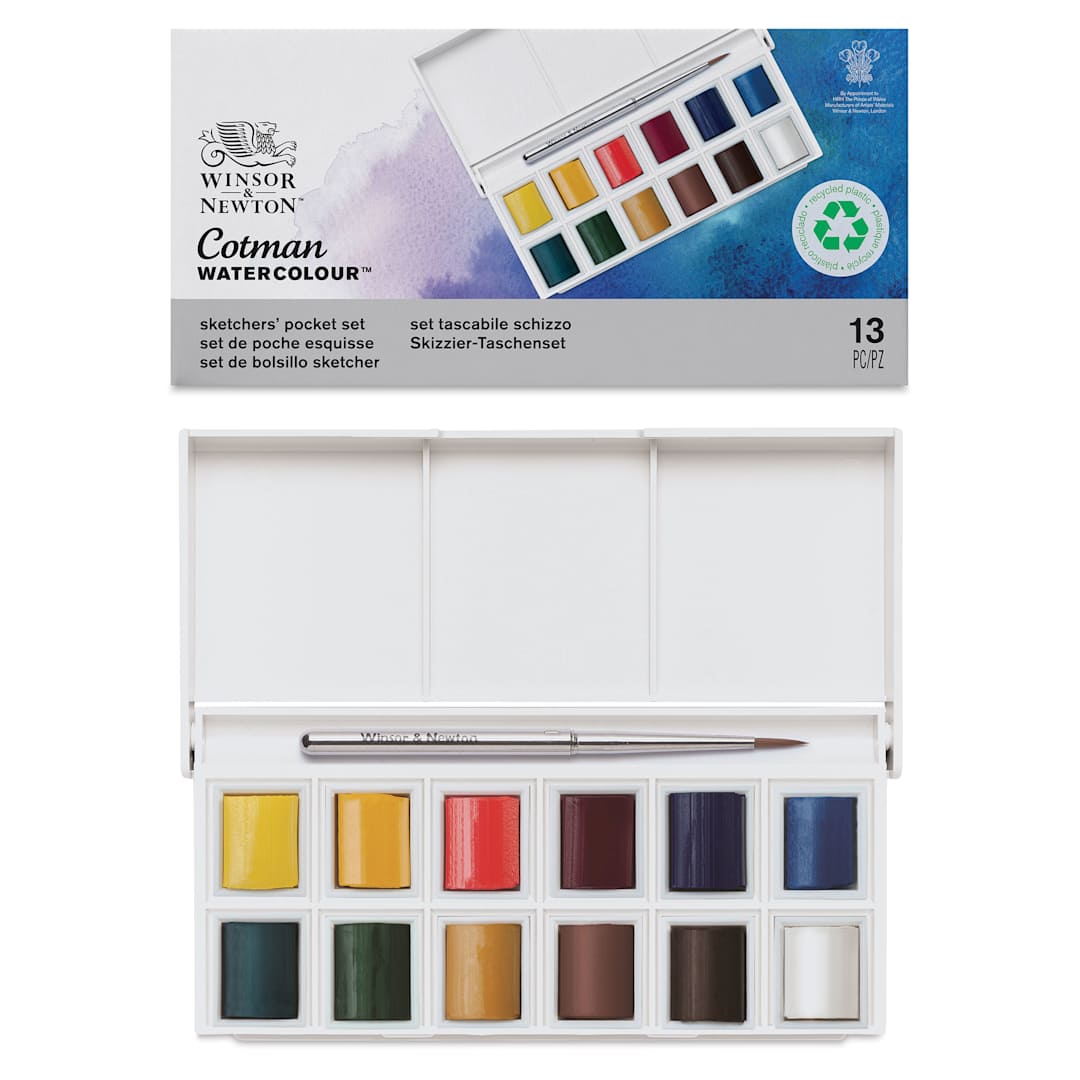 Open in modal - Winsor & Newton Cotman - Sketcher’s Pocket Set, Set of 12, Assorted Colors, Half Pans, contents with packaging