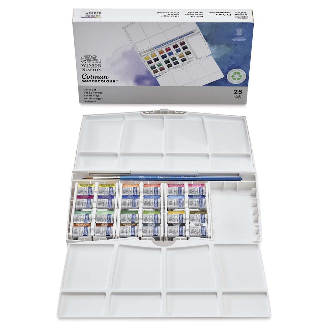 Open in modal - Winsor & Newton Cotman Watercolors - Travel Set of 24, Assorted Colors, Half Pans, contents with packaging