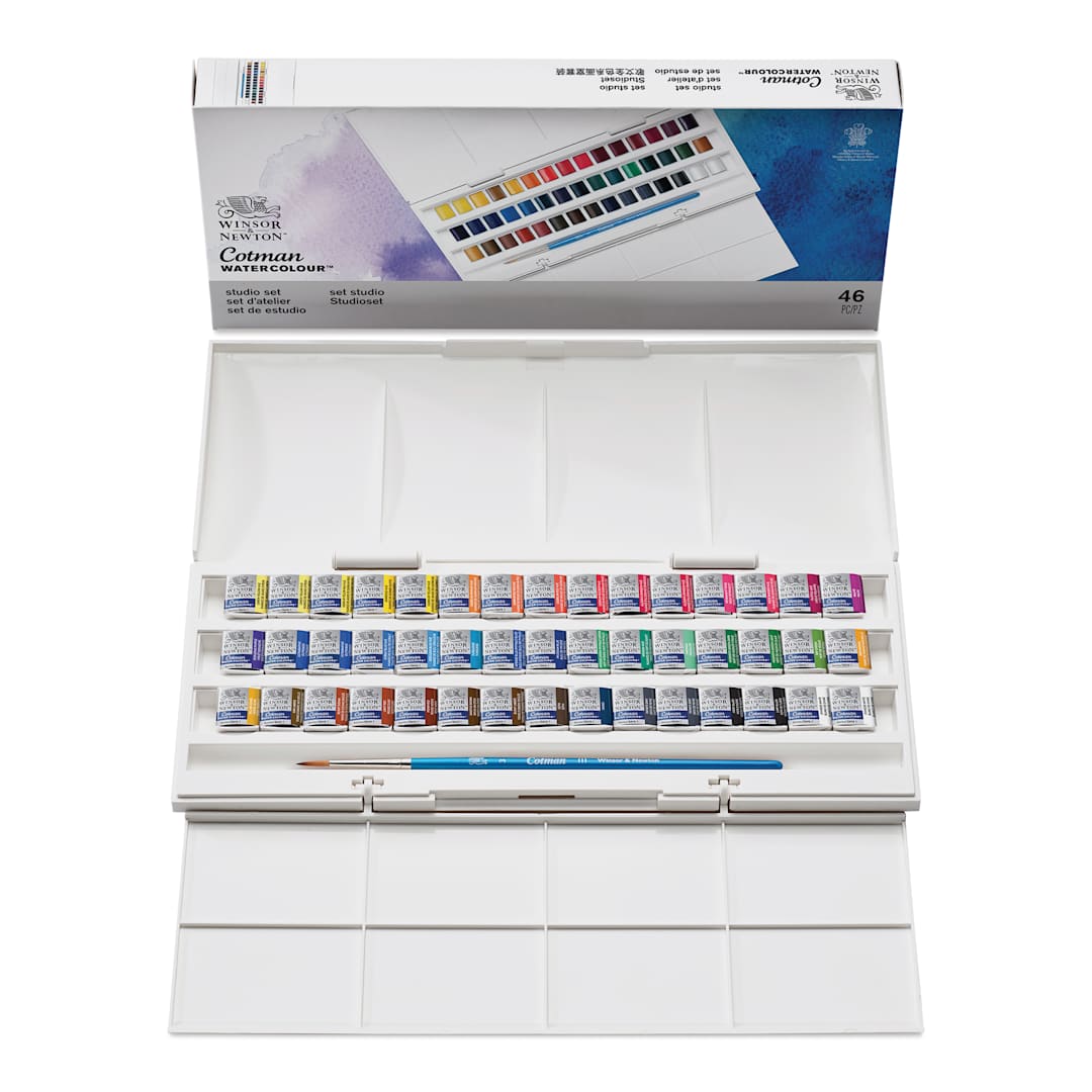 Open in modal - Winsor & Newton Cotman Watercolor - Studio Set, Set of 45, Assorted Colors, Half Pans (Front of packaging shown with open set)