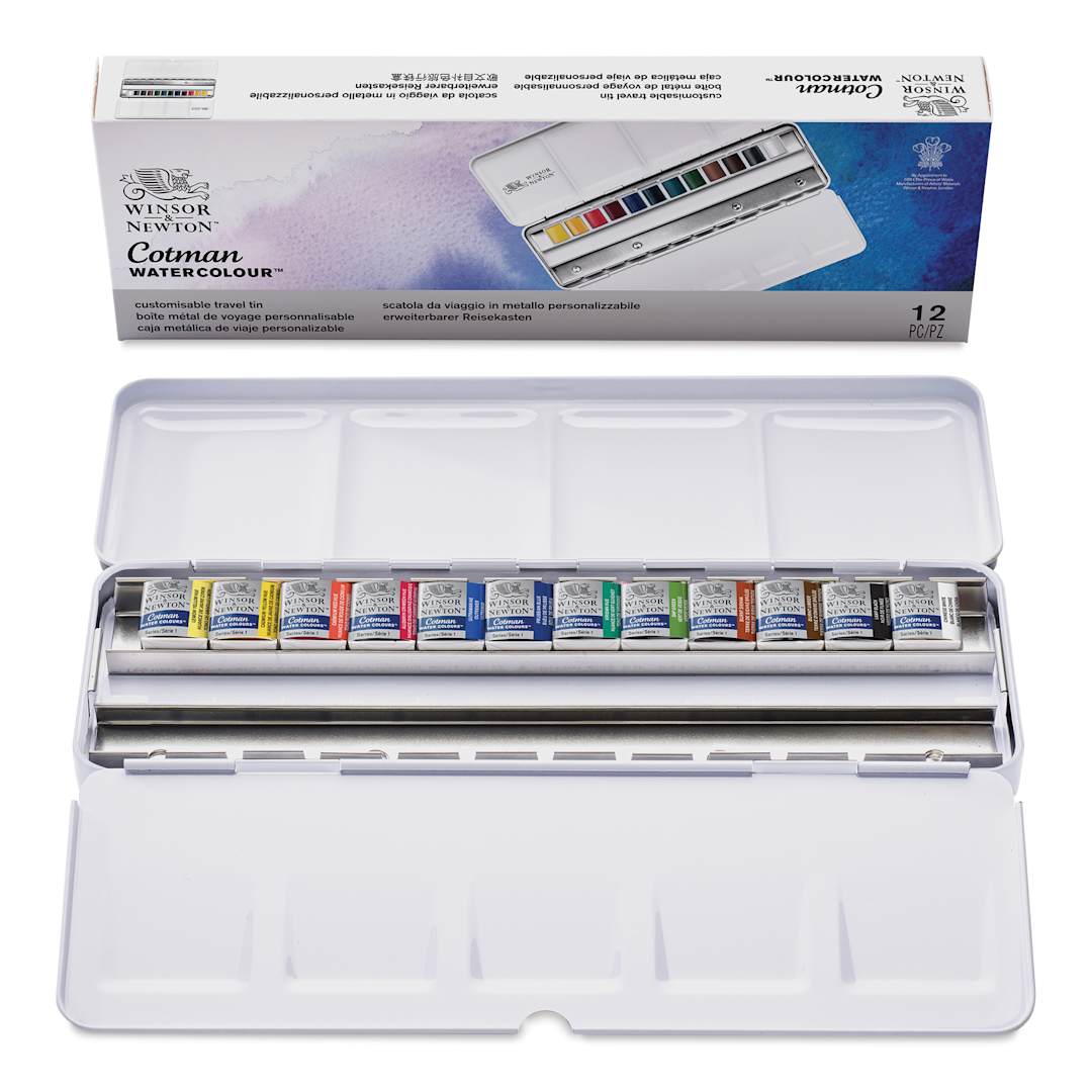 Open in modal - Winsor & Newton Cotman Watercolor Set - Customizable Travel Tin, Set of 12, Assorted Colors, Half Pans (Front of packaging shown with open set)