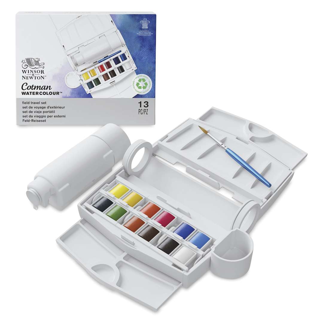 Open in modal - Winsor & Newton Cotman Watercolors - Field Travel Set of 12, Assorted Colors, Half Pans, open set with packaging
