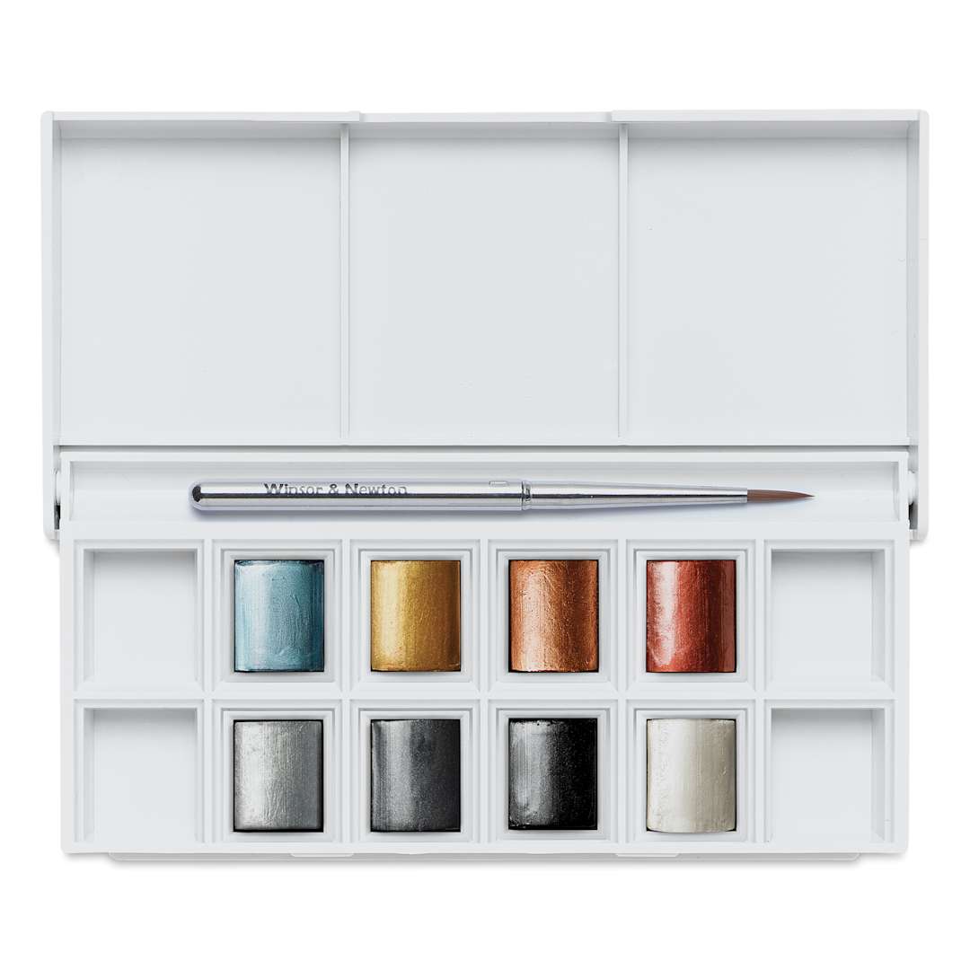 Open in modal - Winsor & Newton Cotman Watercolors - Metallic Pocket Set, Set of 8, Half Pans (Lid open, Shown with brush)