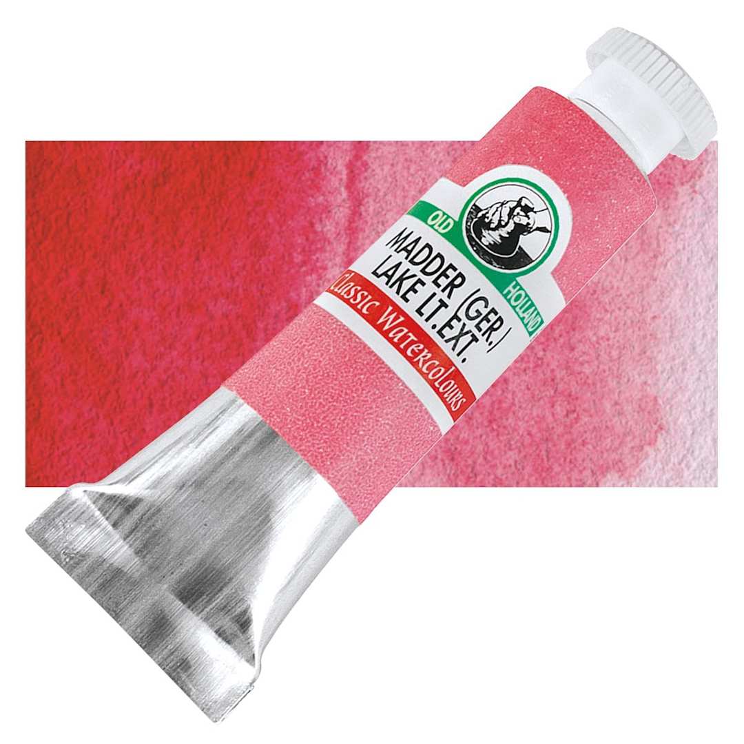 Open in modal - Old Holland Classic Artist Watercolor - Madder (Geranium) Lake Light Extra, 6 ml tube and swatch