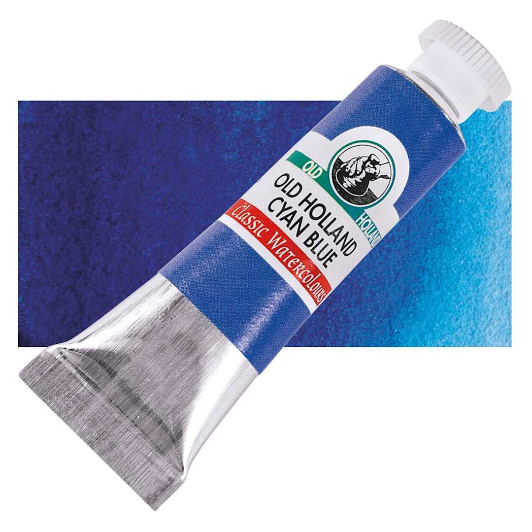 Open in modal - Old Holland Classic Artist Watercolor - Old Holland Cyan Blue, 6 ml tube and swatch