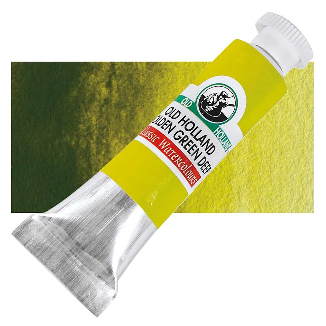 Open in modal - Old Holland Classic Artist Watercolor - Old Holland Golden Green Deep, 6 ml tube and swatch