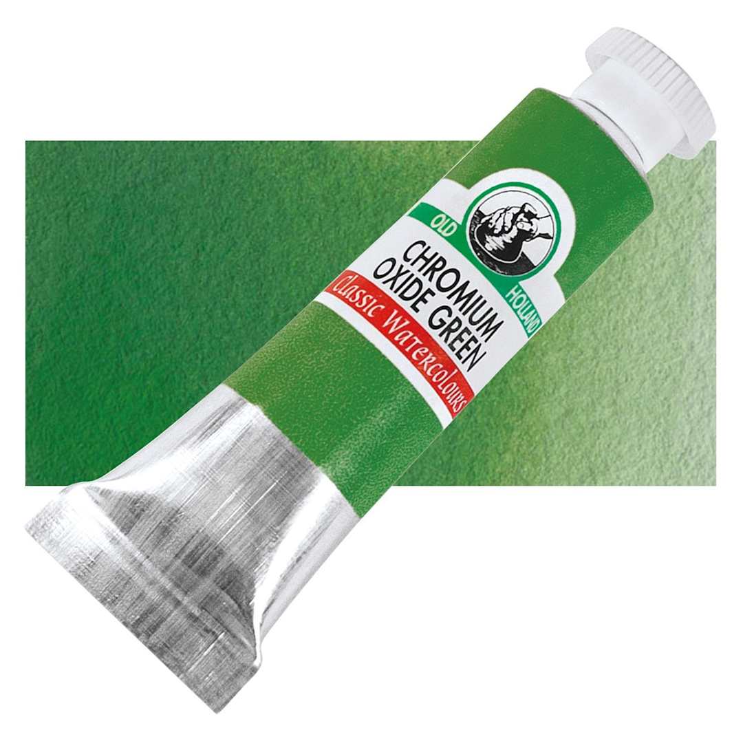 Open in modal - Old Holland Classic Artist Watercolor - Chromium Oxide Green, 6 ml tube and swatch