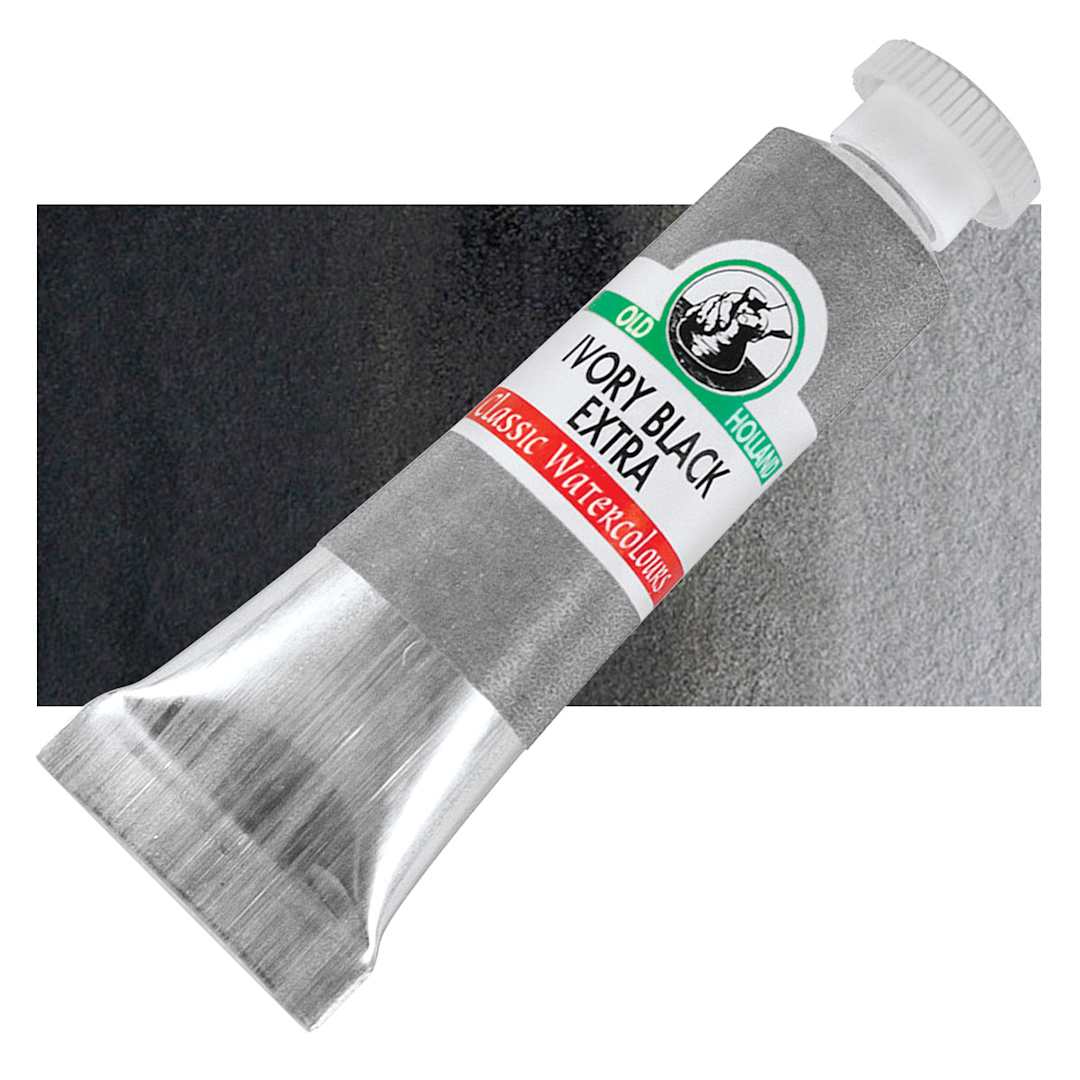 Open in modal - Old Holland Classic Artist Watercolor - Ivory Black Extra, 6 ml tube and swatch