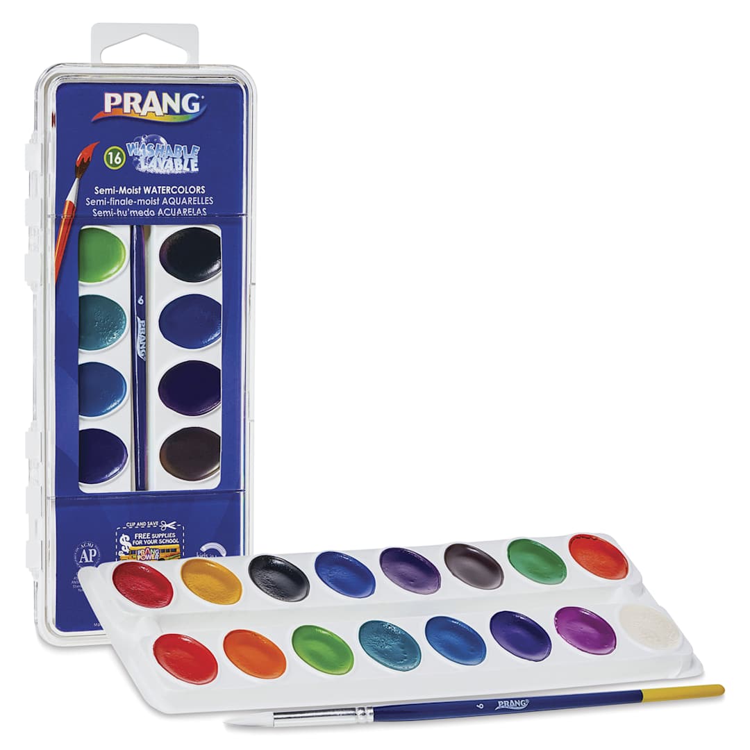 Open in modal - Prang Washable Watercolors - Set of 16, Assorted Colors, Oval Pans, open with packaging