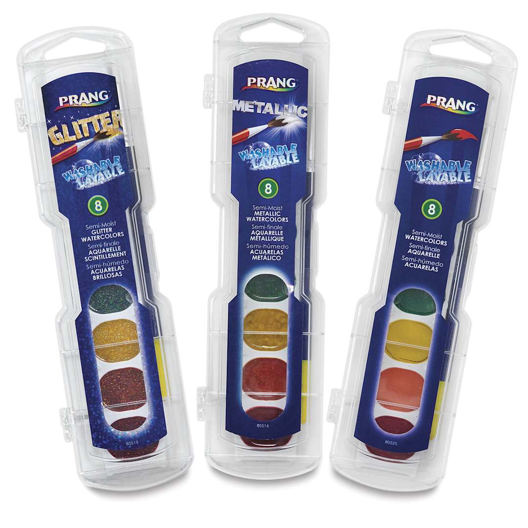 Open in modal - Prang Washable Watercolor Pans, three sets in various styles fanned out