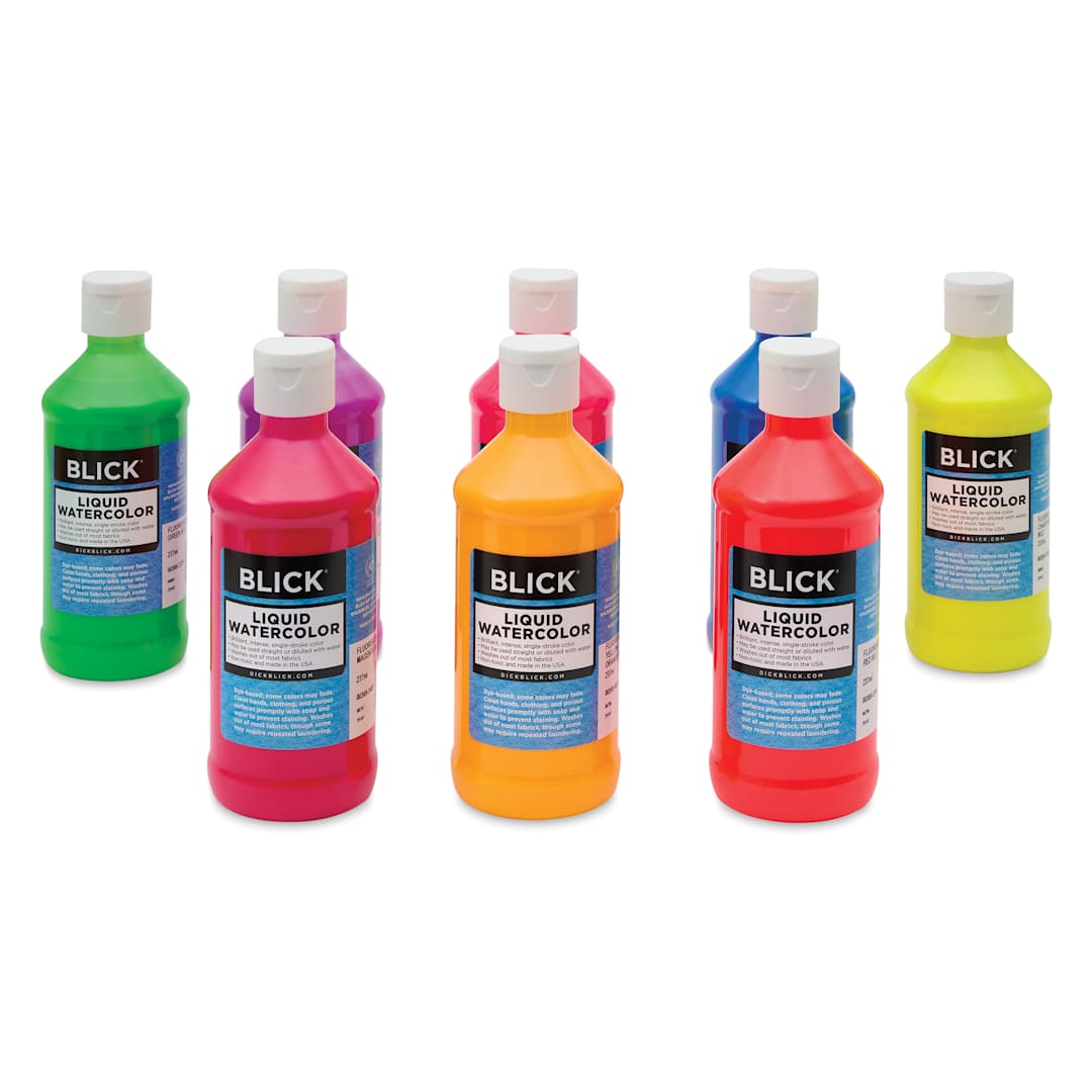 Open in modal - Blick Liquid Watercolors - Set of 8, Fluorescent Colors, 8 oz bottles