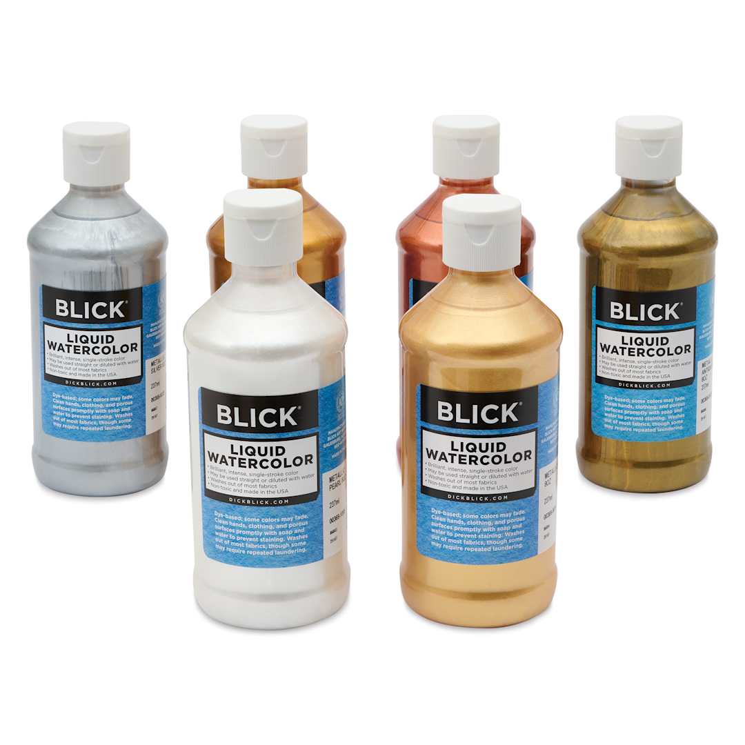 Open in modal - Blick Liquid Watercolors - Set of 6, Metallic Colors, 8 oz bottles
