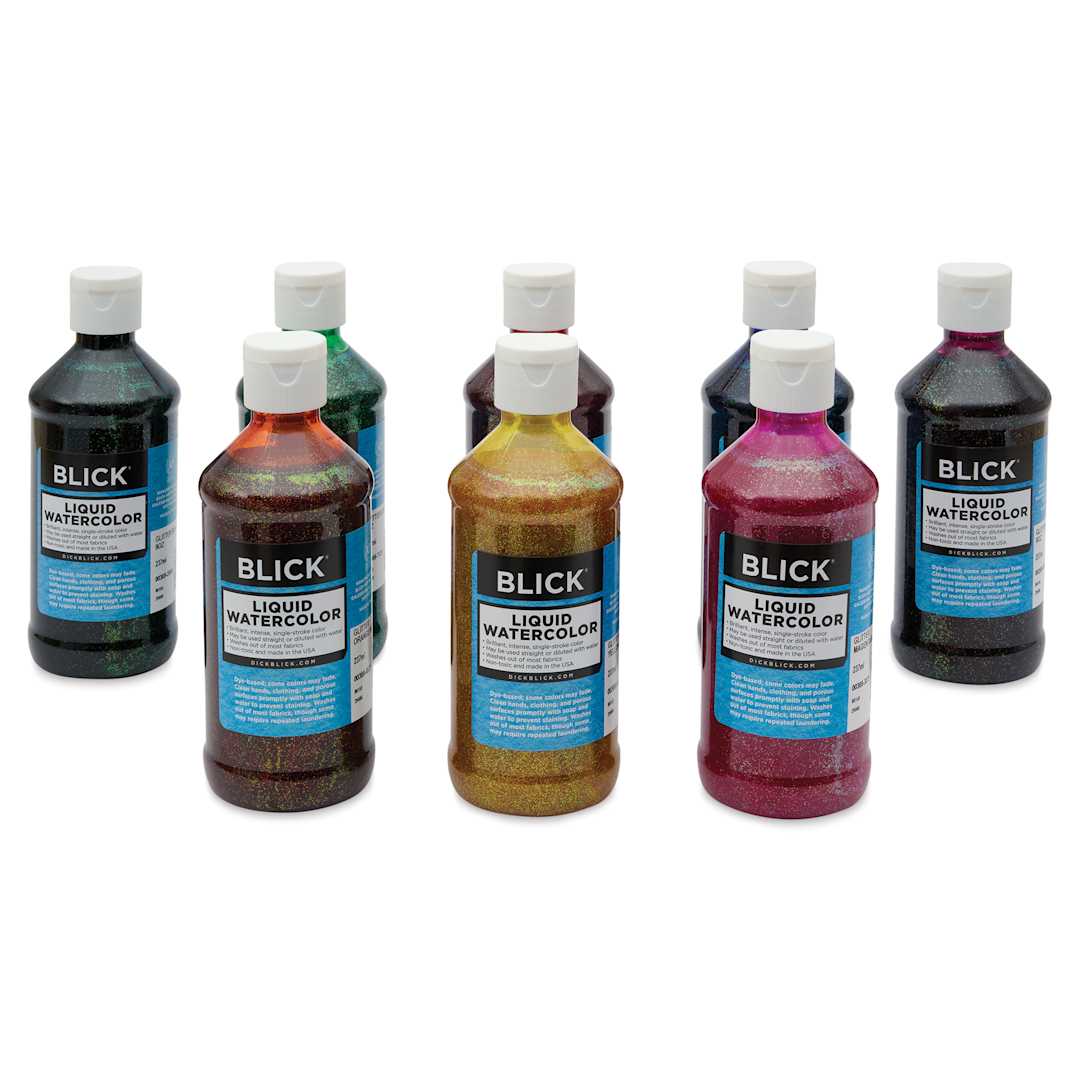Open in modal - Blick Liquid Watercolors - Set of 8, Glitter Colors, 8 oz bottles