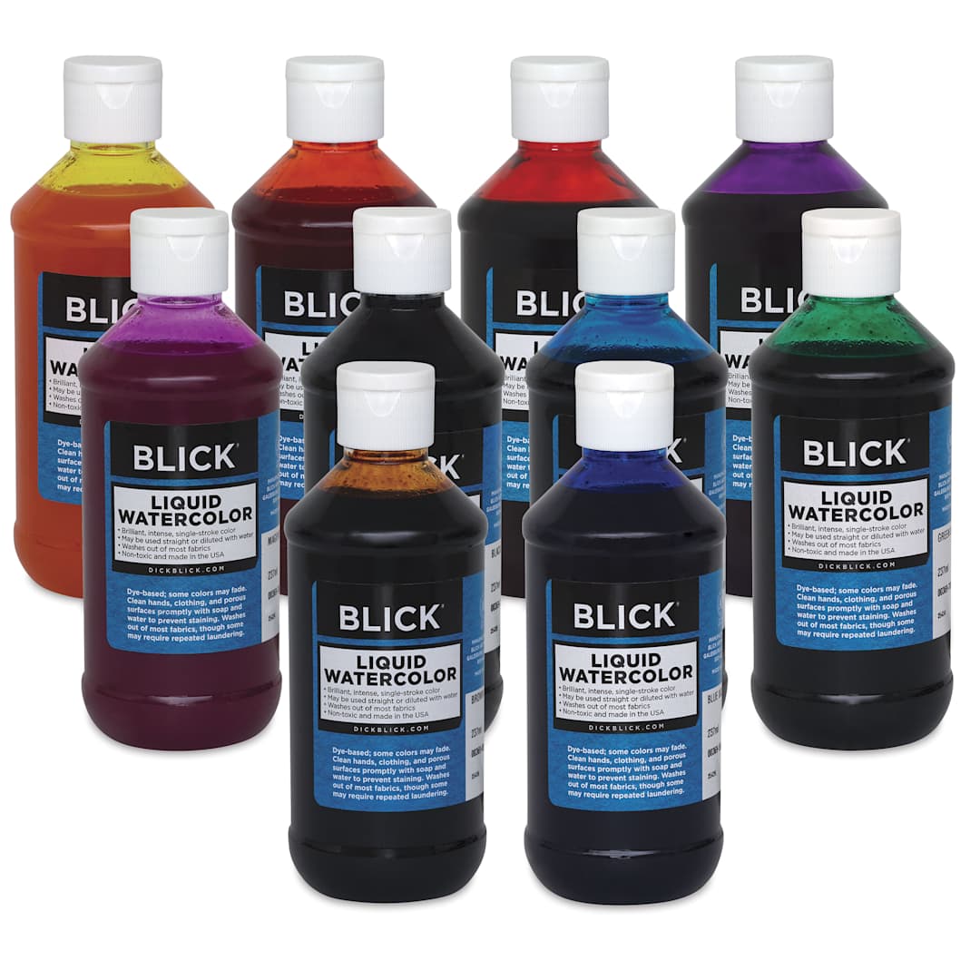 Open in modal - Blick Liquid Watercolors - Set of 10, Assorted Colors, 8 oz bottles