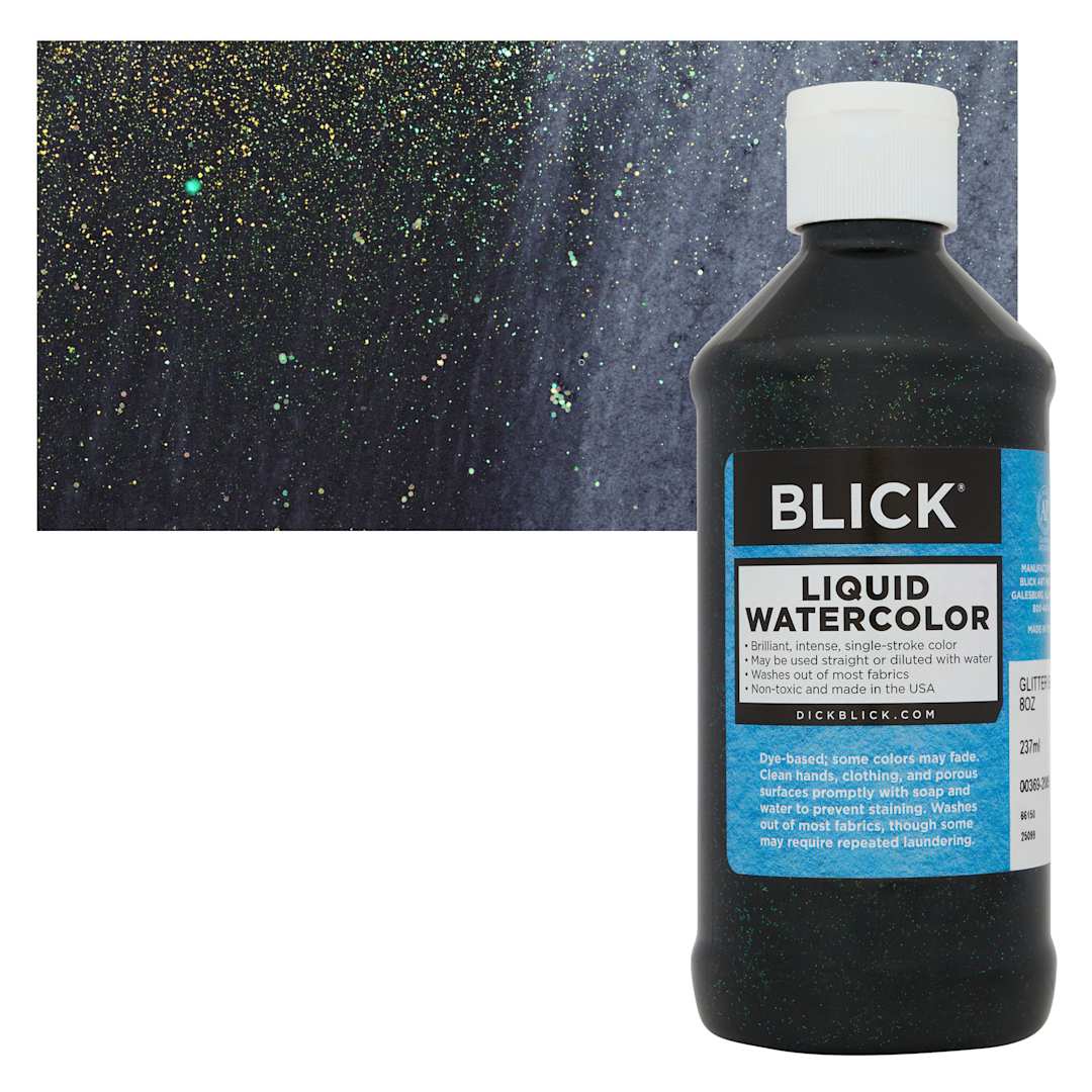 Open in modal - Blick Liquid Watercolors - Glitter Black, 8 oz bottle and swatch