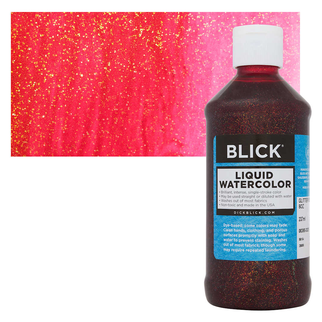 Open in modal - Blick Liquid Watercolors - Glitter Red, 8 oz bottle and swatch