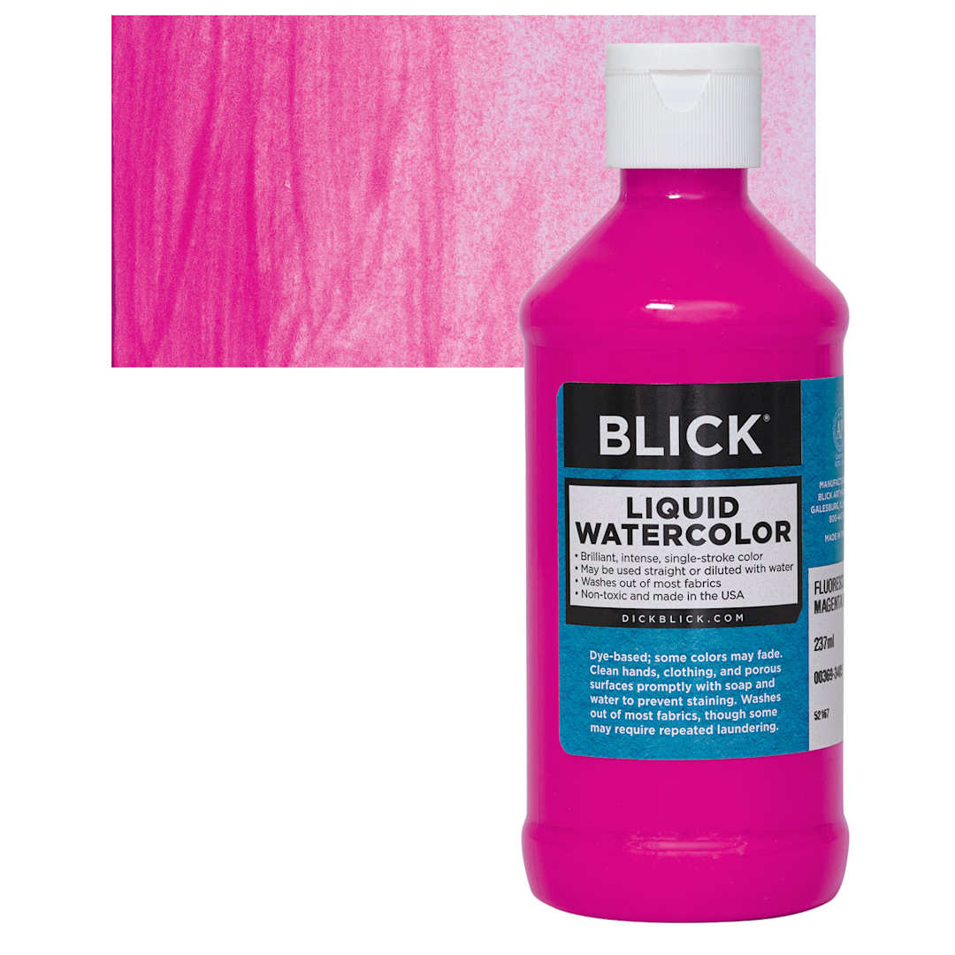 Open in modal - Blick Liquid Watercolor - Fluorescent Magenta, 8 oz bottle and swatch