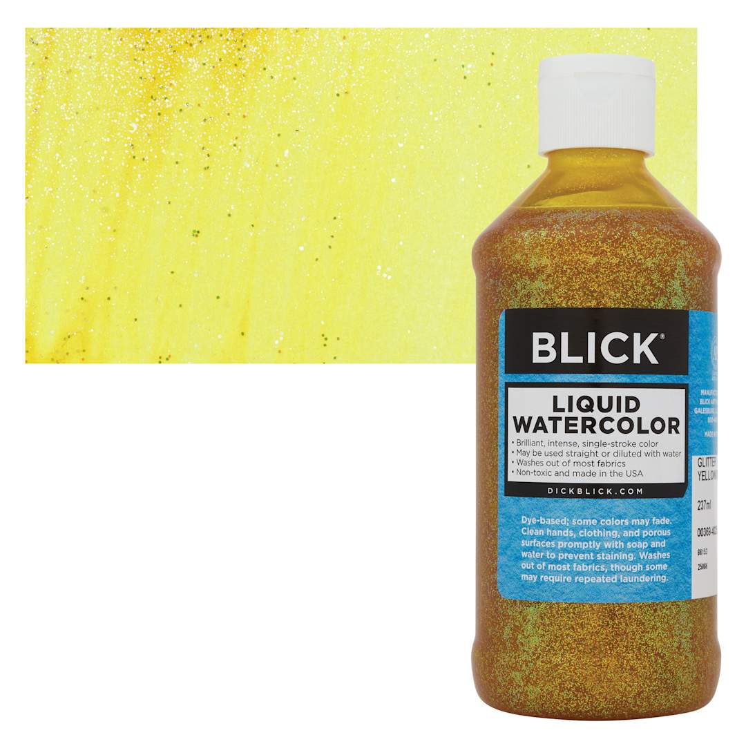 Open in modal - Blick Liquid Watercolors - Glitter Yellow, 8 oz bottle and swatch