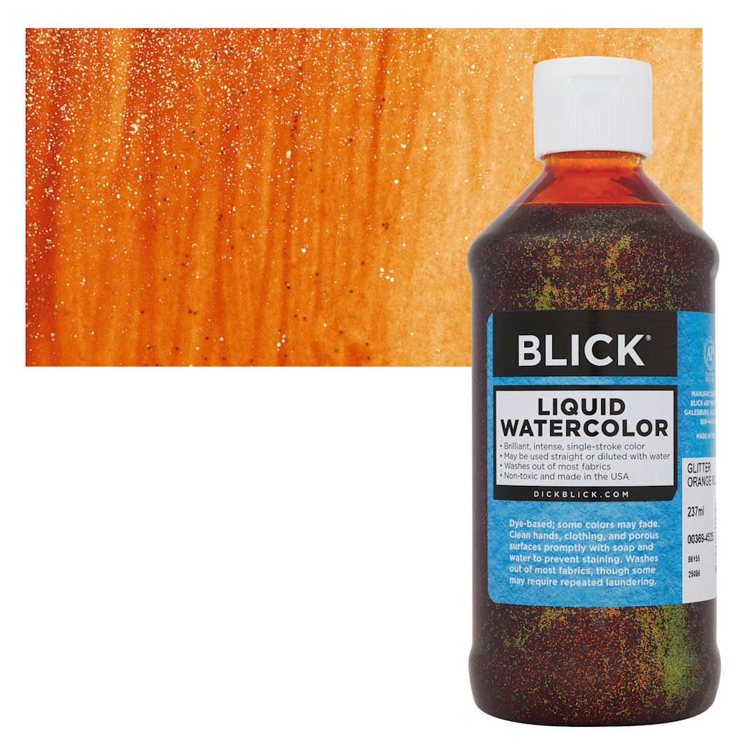Open in modal - Blick Liquid Watercolors - Glitter Orange, 8 oz bottle and swatch
