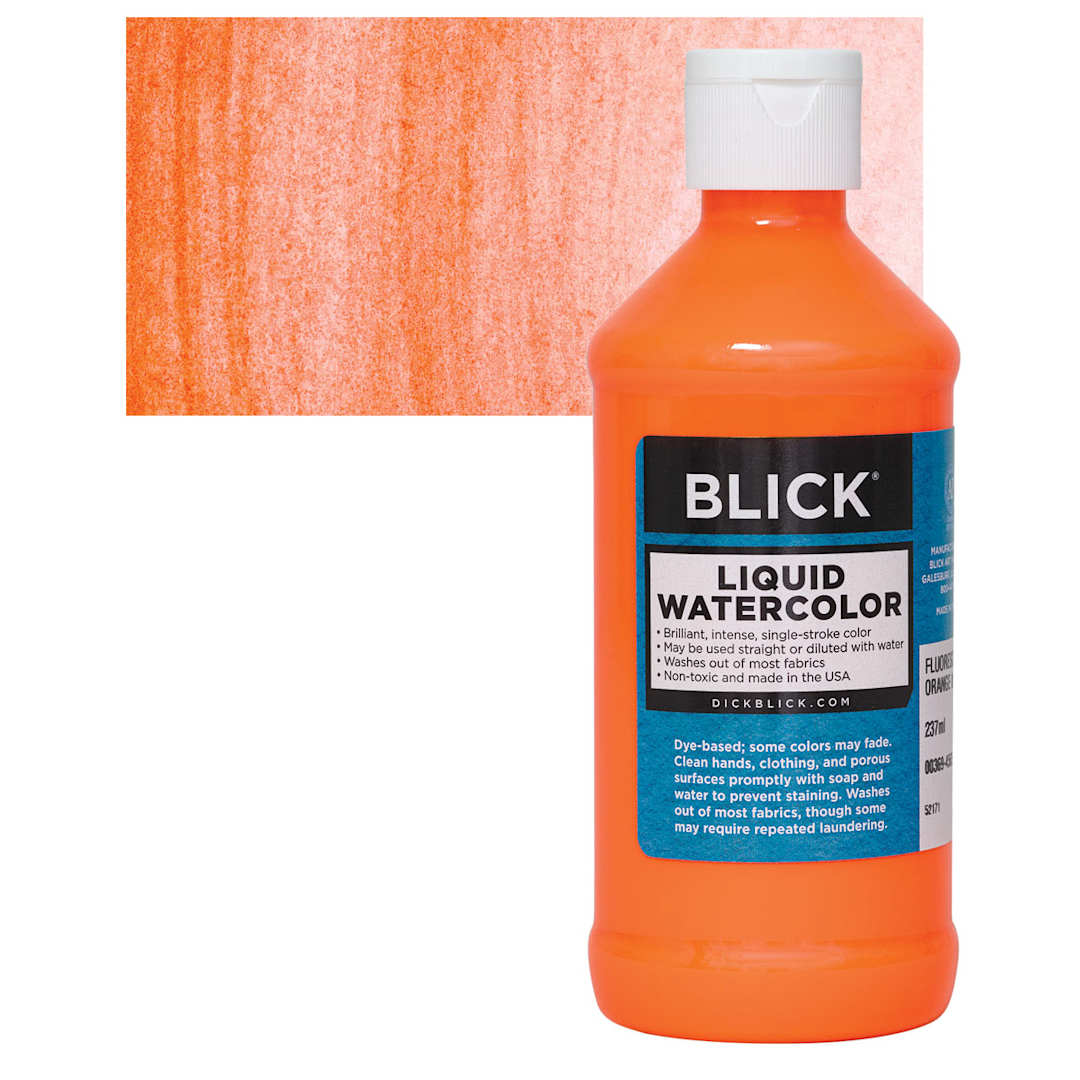 Open in modal - Blick Liquid Watercolor - Fluorescent Orange, 8 oz bottle and swatch