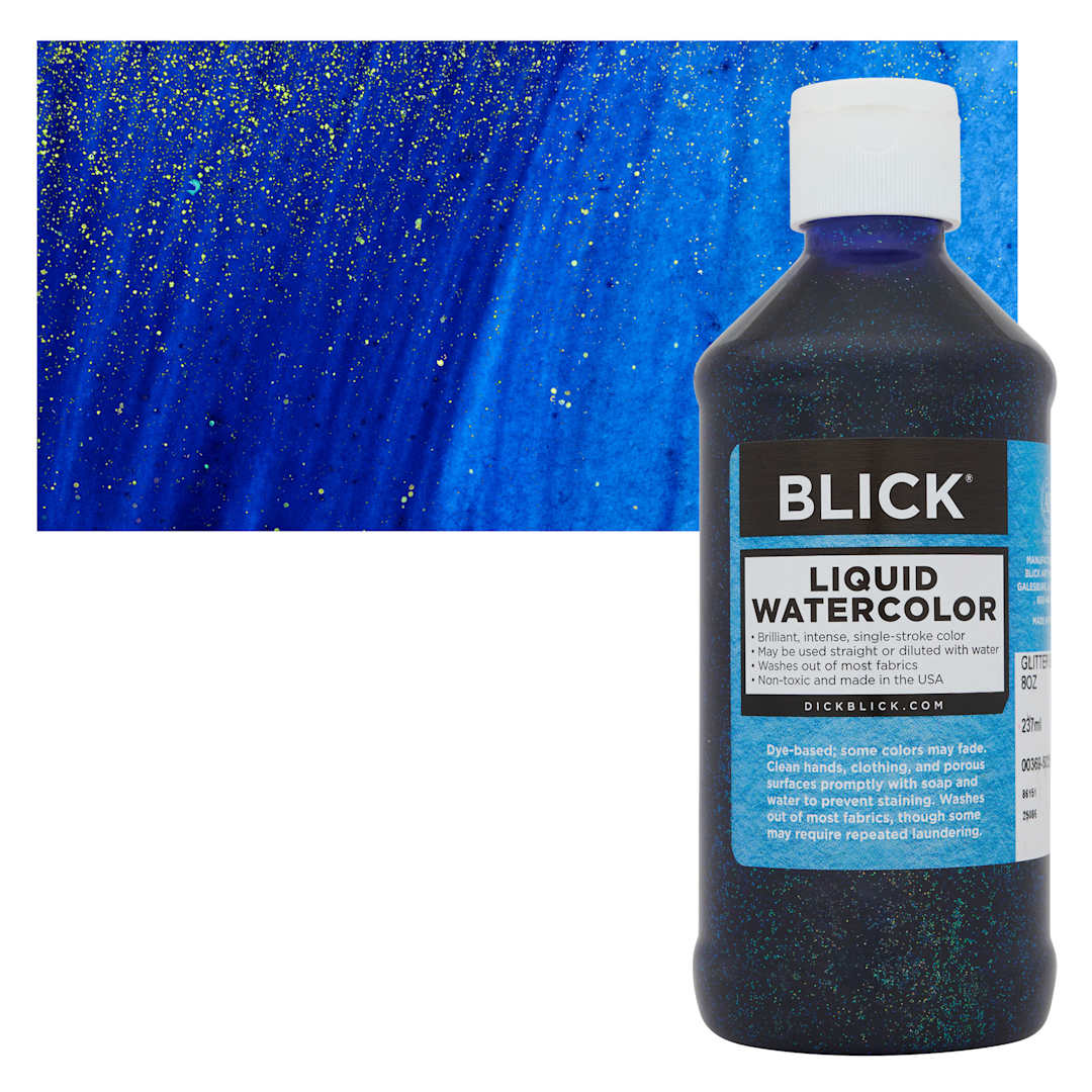 Open in modal - Blick Liquid Watercolors - Glitter Blue, 8 oz bottle and swatch