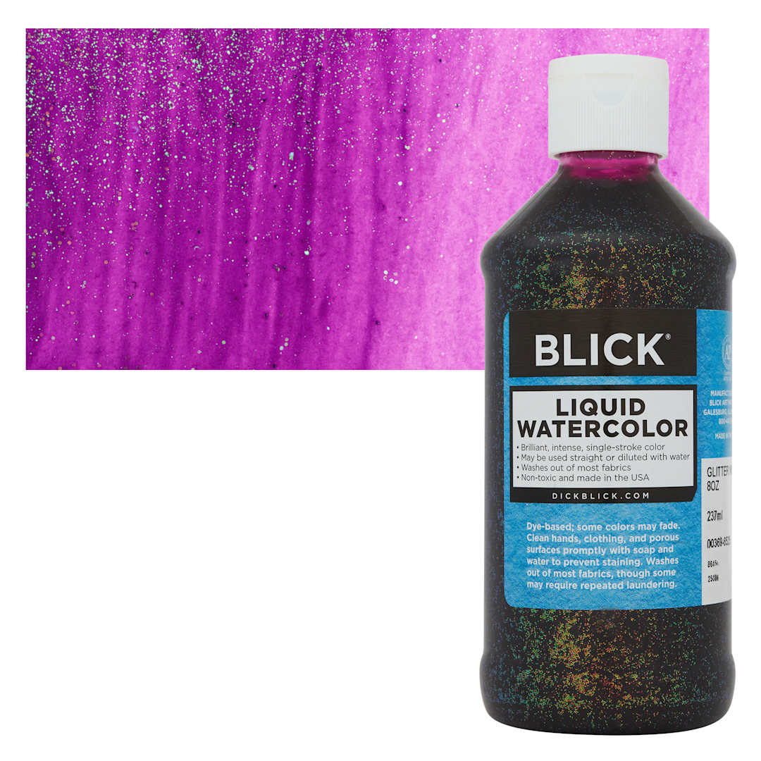 Open in modal - Blick Liquid Watercolors - Glitter Violet, 8 oz bottle and swatch