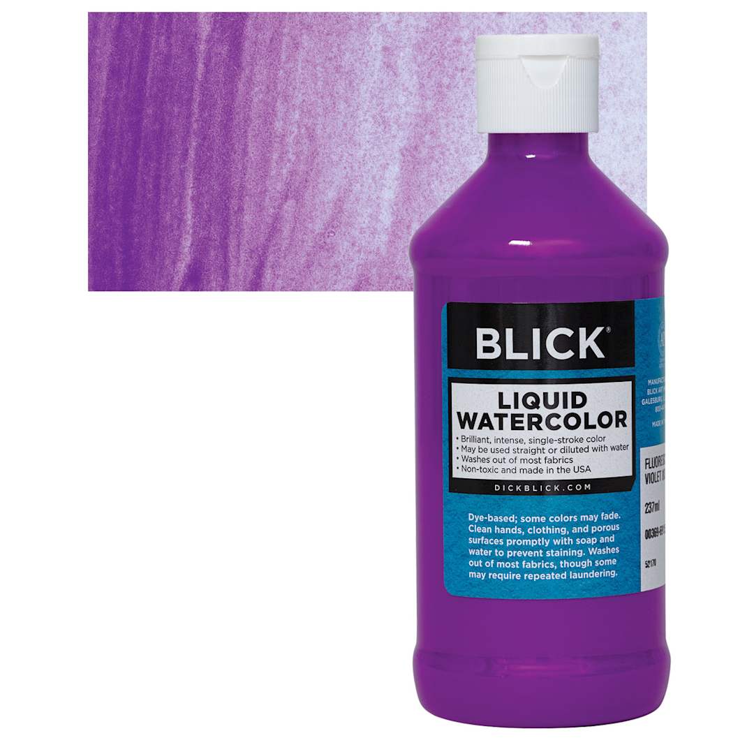 Open in modal - Blick Liquid Watercolor - Fluorescent Violet, 8 oz bottle and swatch