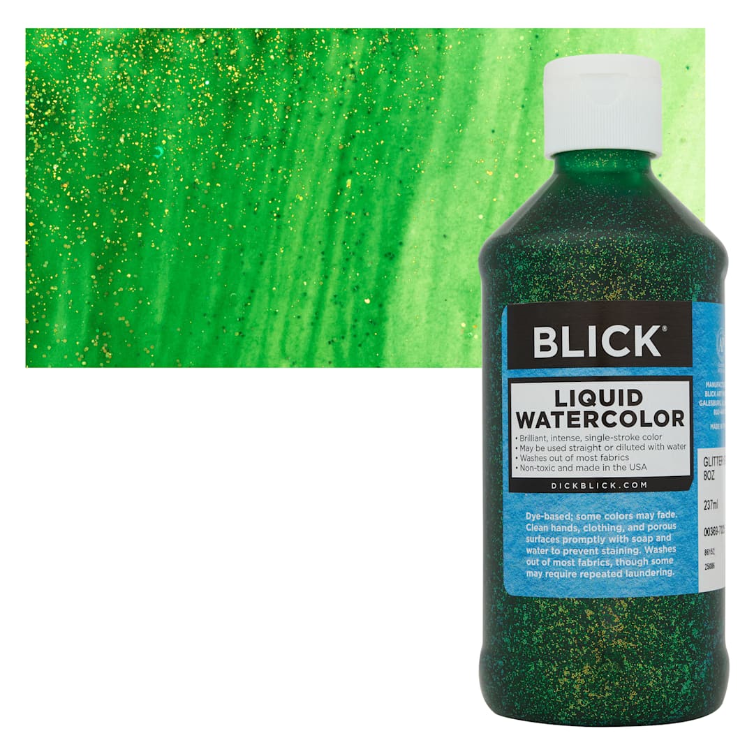Open in modal - Blick Liquid Watercolors - Glitter Green, 8 oz bottle and swatch