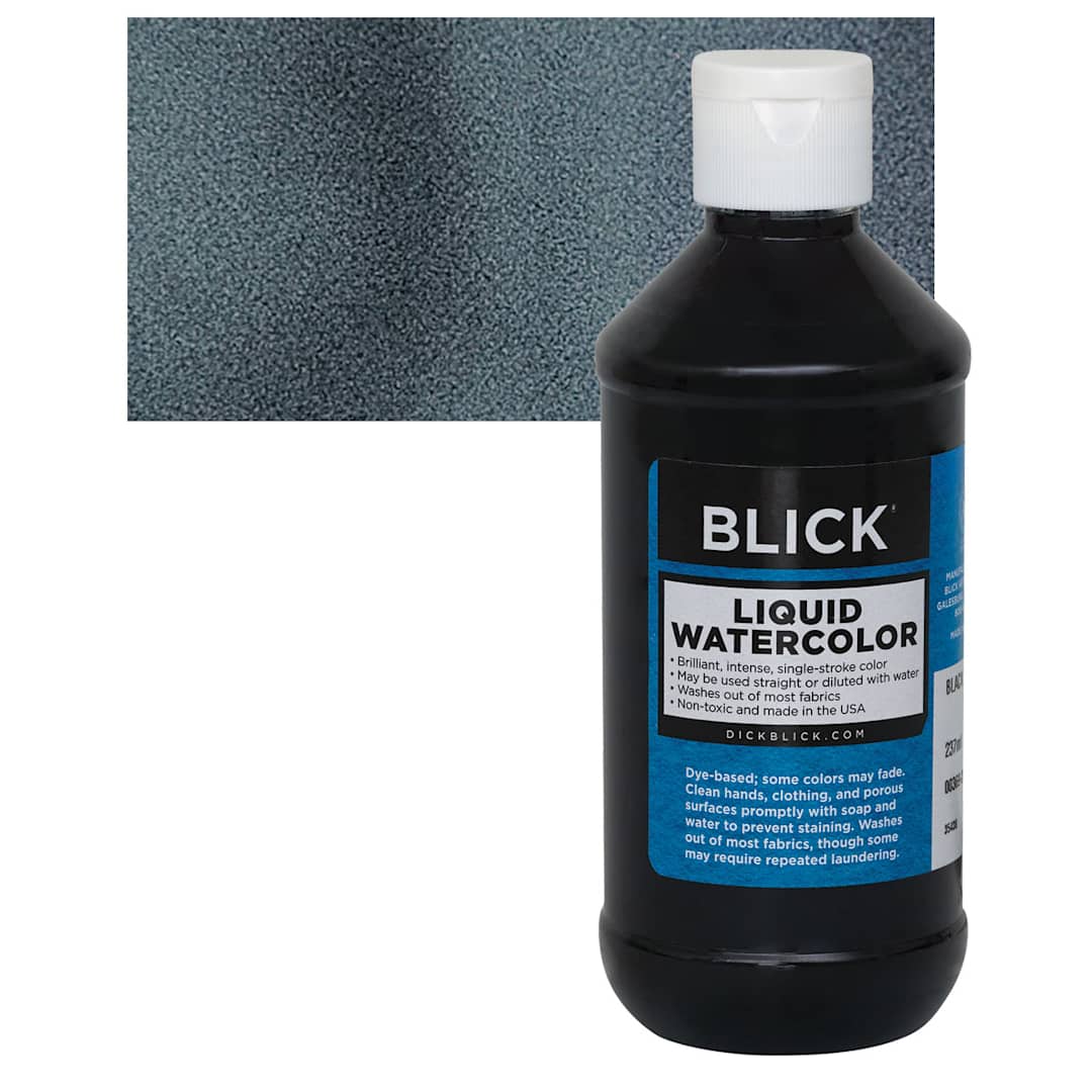 Open in modal - Blick Liquid Watercolor - Black, 8 oz bottle and swatch