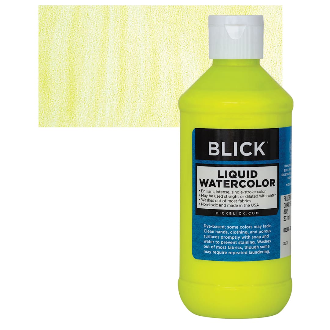 Open in modal - Blick Liquid Watercolor - Fluorescent Chartreuse, 8 oz bottle and swatch