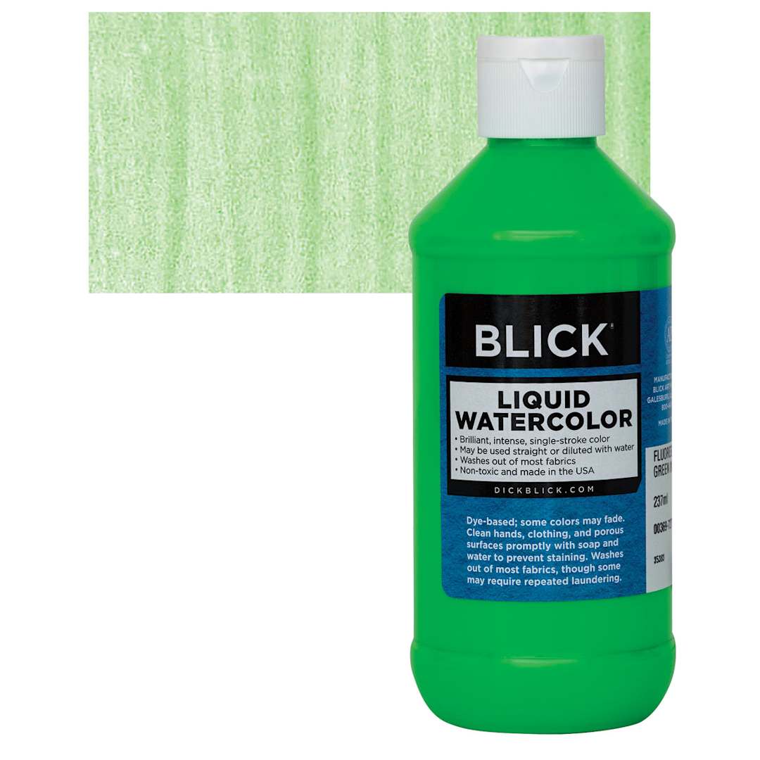 Open in modal - Blick Liquid Watercolor - Fluorescent Green, 8 oz bottle and swatch