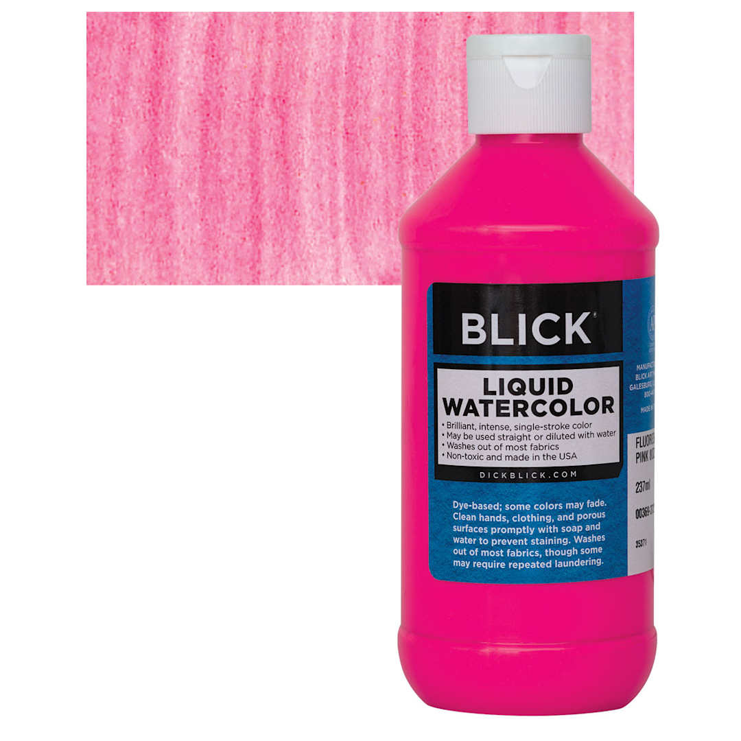 Open in modal - Blick Liquid Watercolor - Fluorescent Pink, 8 oz bottle and swatch