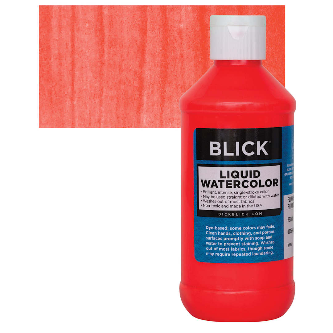Open in modal - Blick Liquid Watercolor - Fluorescent Red, 8 oz bottle and swatch
