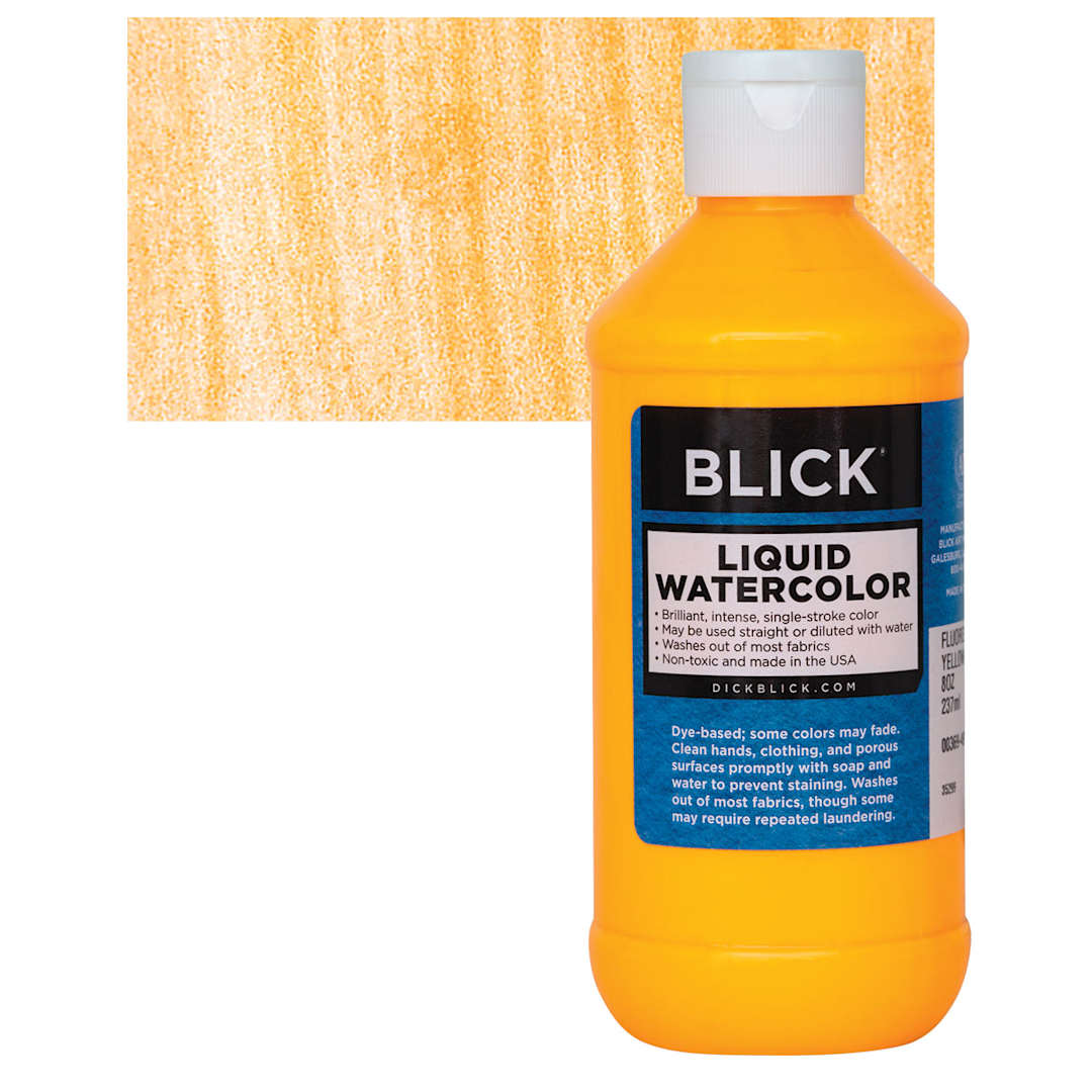 Open in modal - Blick Liquid Watercolor - Fluorescent Yellow Orange, 8 oz bottle and swatch