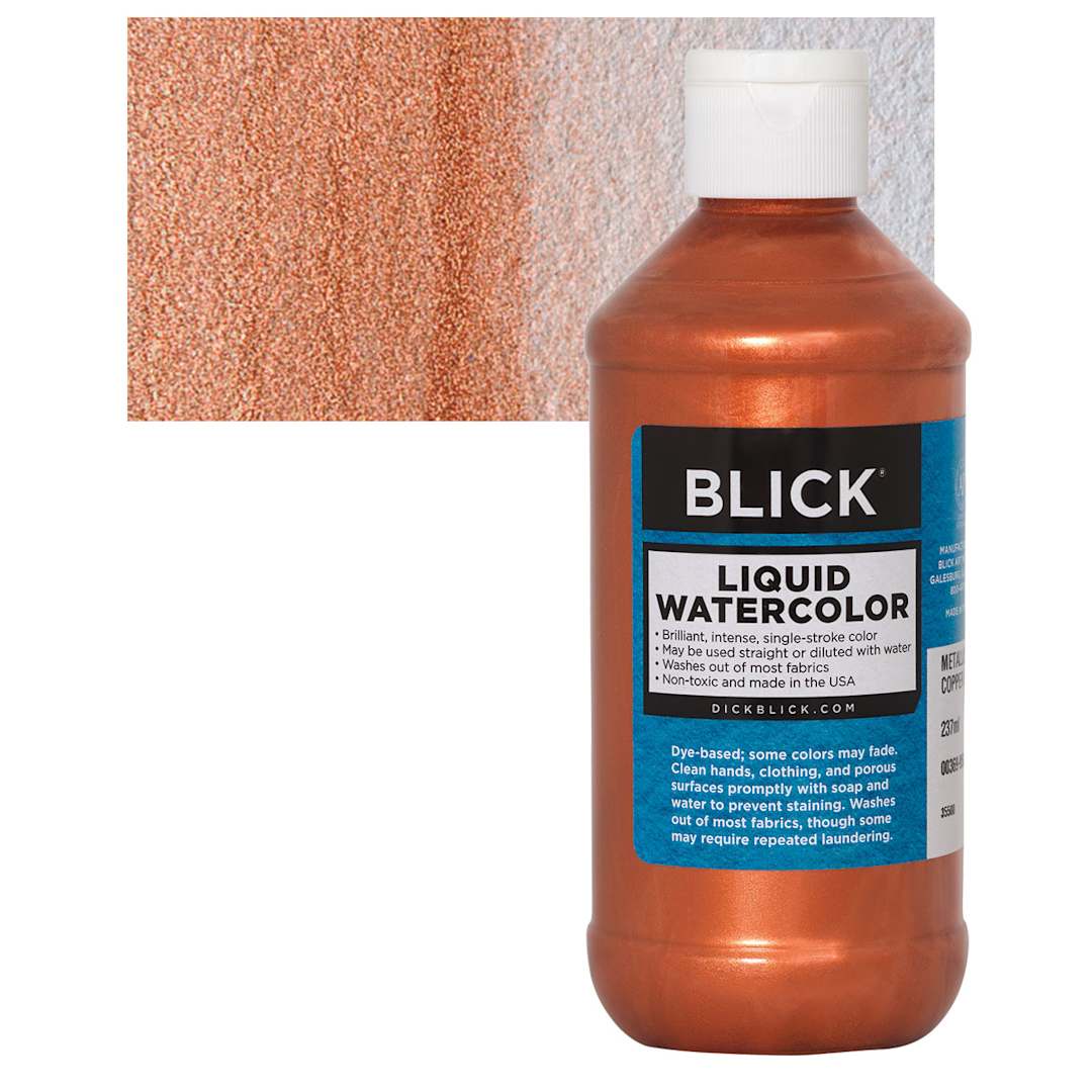 Open in modal - Blick Liquid Watercolor - Metallic Copper, 8 oz bottle and swatch