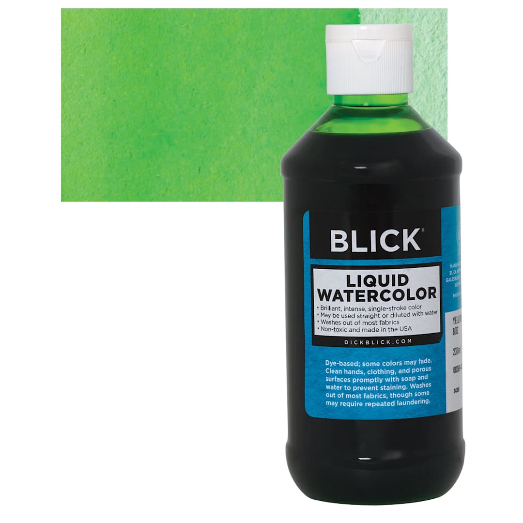 Open in modal - Blick Liquid Watercolor - Yellow Green, 8 oz bottle and swatch