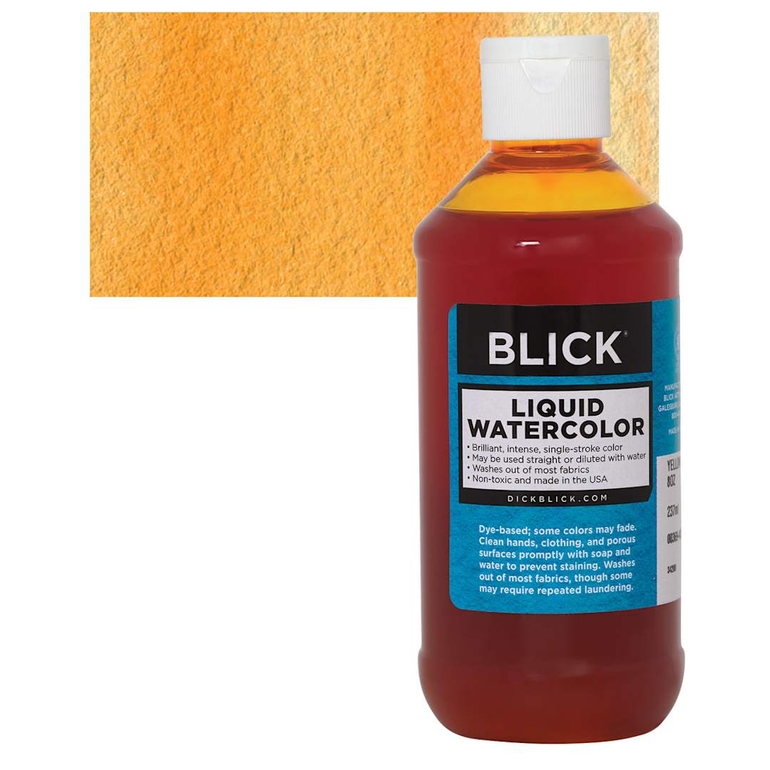 Open in modal - Blick Liquid Watercolor - Yellow Orange, 8 oz bottle and swatch