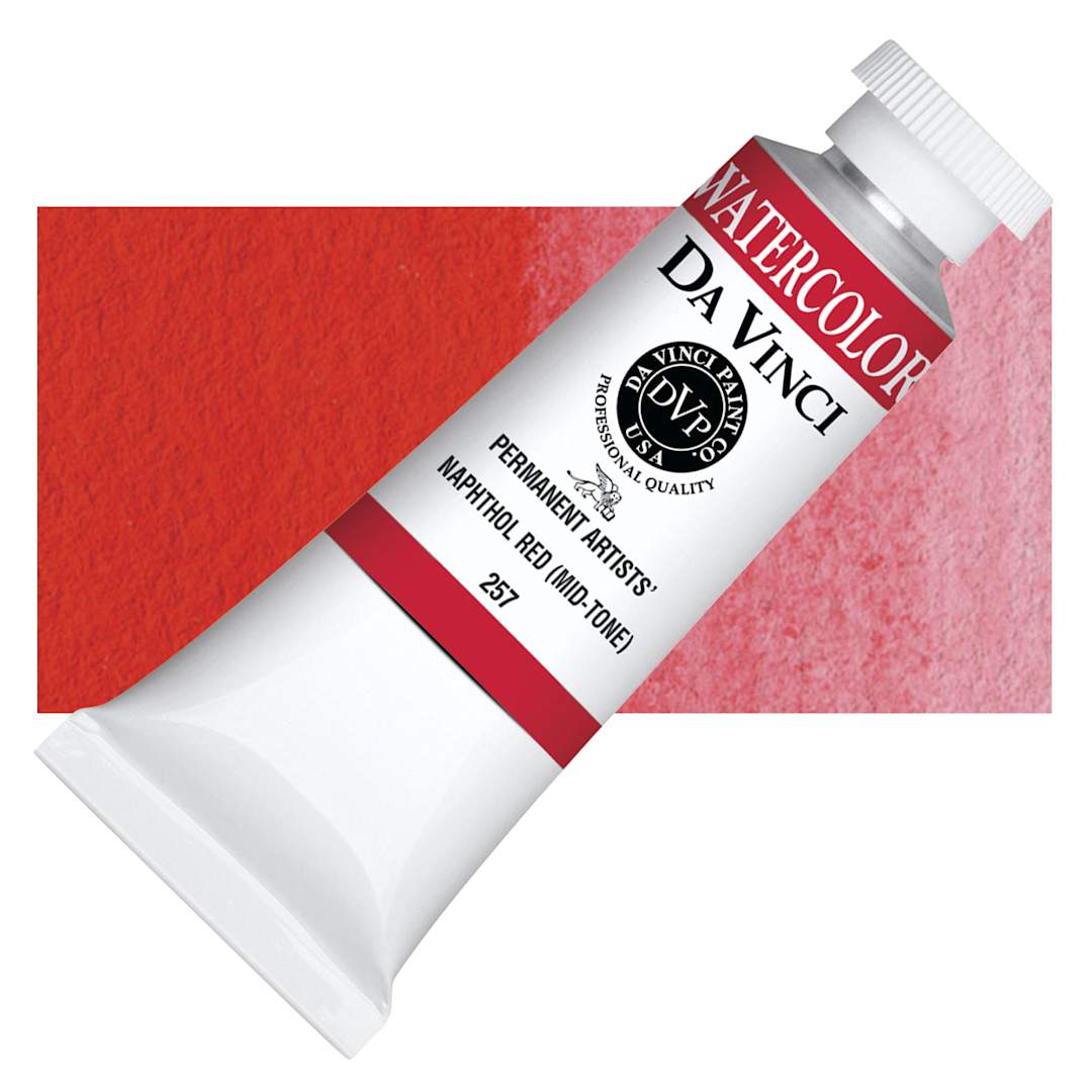 Open in modal - Da Vinci Artists' Permanent Watercolor - Naphthol Red (Mid-Tone), 37 ml tube and swatch